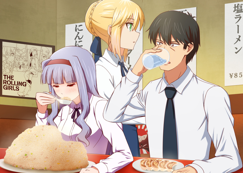 1boy, 2girls, black_hair, blonde_hair, blue_hair, blue_ribbon, crossover, drinking