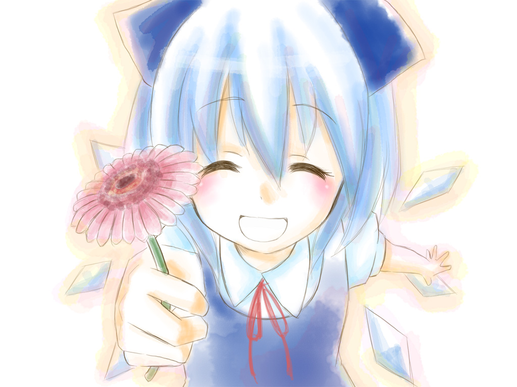 blue_hair, cirno, closed_eyes, flower, gerbera, hair_ribbon, kuro_(pixiv60110), kuromame_(8gou)