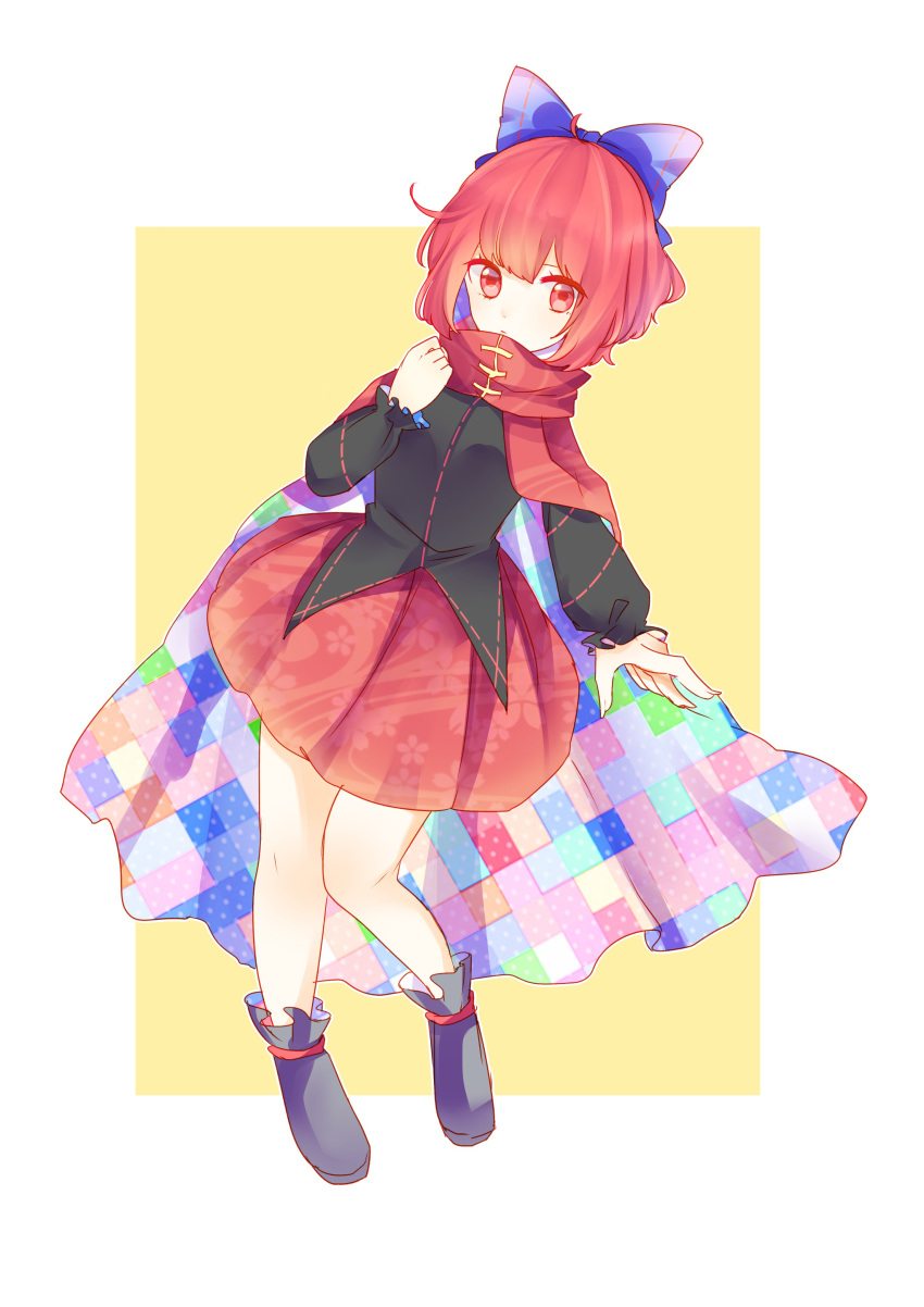 1girl, absurdres, boots, cape, checkered, emico, floral_print, full_body, hair_ribbon, highres, long_sleeves, looking_at_viewer, red_eyes, redhead, ribbon, sekibanki, shirt, short_hair, simple_background, skirt, solo, touhou, yellow_background