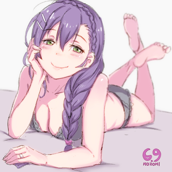 1girl, barefoot, black_bra, black_panties, blush, bra, braid, breasts