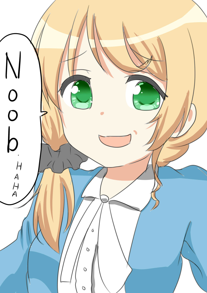 1girl, absurdres, beni_mirin, blonde_hair, blue_jacket, ellen_baker, english, green_eyes, highres, insult, jacket, long_hair, new_horizon, shirt, slang, smirk, solo, speech_bubble, white_shirt