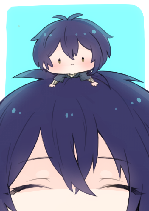 2boys, :i, ^_^, alternate_eye_color, blue_hair, brown_eyes, closed_eyes, dual_persona, jida, male_focus, mikazuki_munechika, miniboy, multiple_boys, touken_ranbu