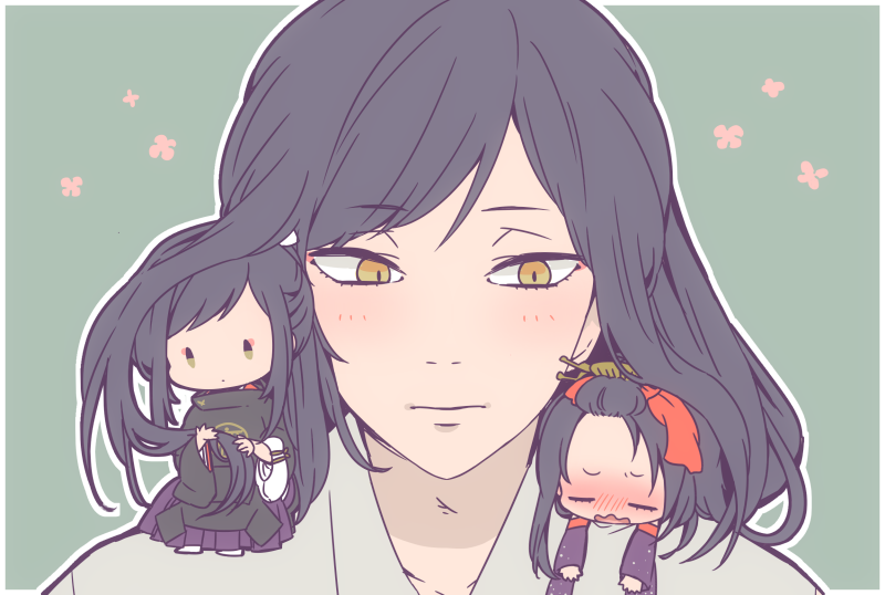 3boys, black_hair, bow, closed_eyes, dual_persona, hair_bow, hair_ornament, hair_stick
