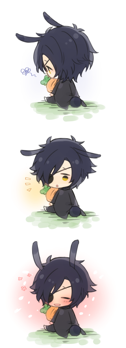 1boy, animal_ears, black_hair, bunny_tail, carrot, chibi, closed_eyes, comic