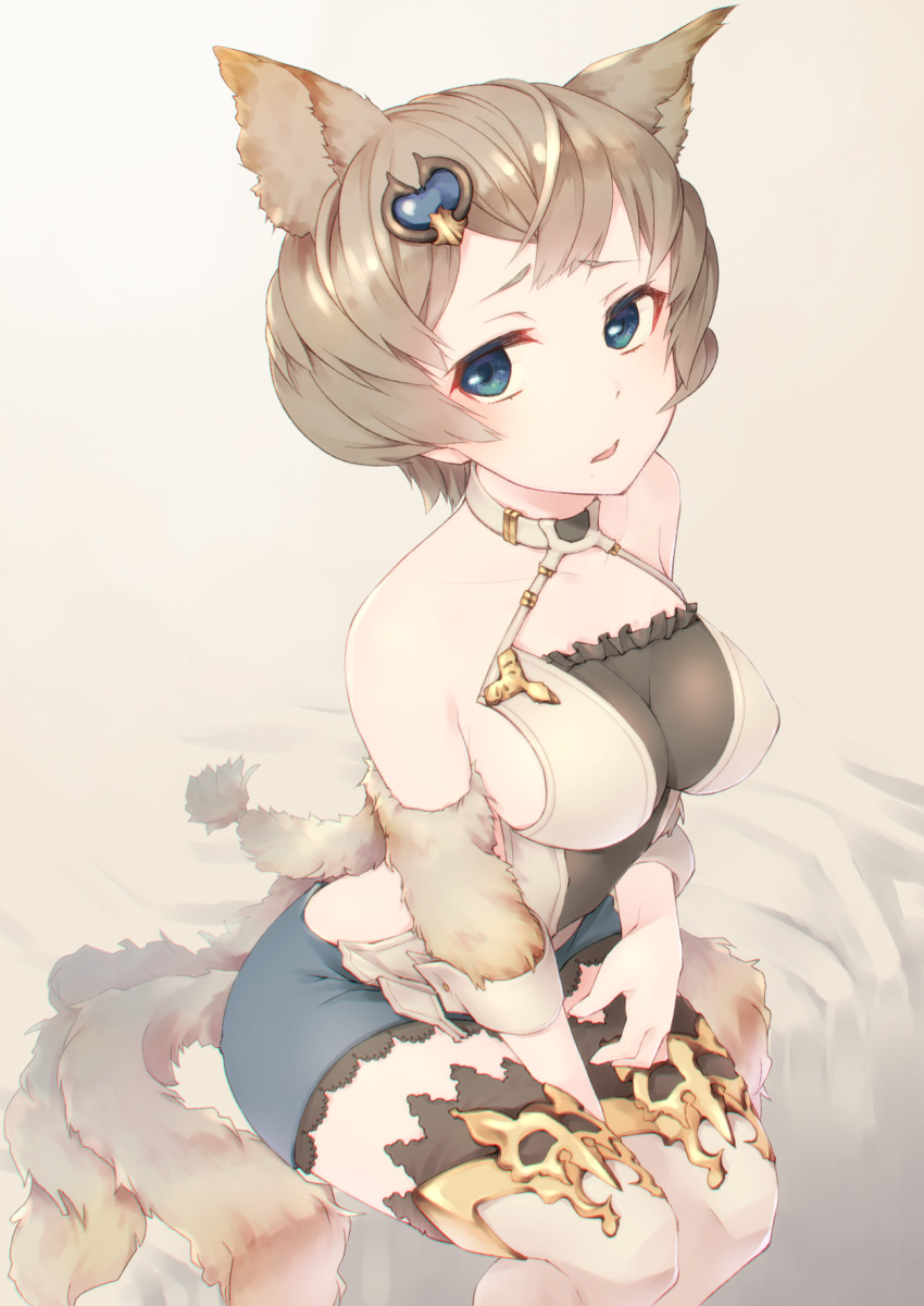 1girl, animal_ears, arm_warmers, backless_outfit, bare_shoulders, bed, bed_sheet, between_legs