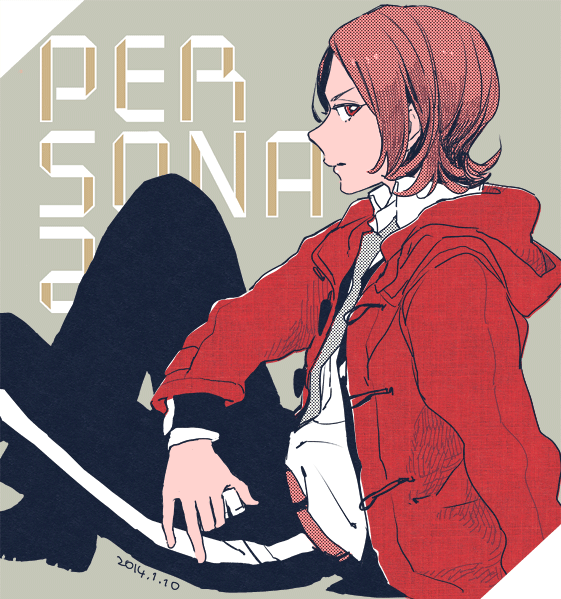 1boy, copyright_name, dated, hood, hoodie, looking_at_viewer, male_focus, necktie, peggy_(pixiv9540913), persona, persona_2, school_uniform, short_hair, solo, suou_tatsuya
