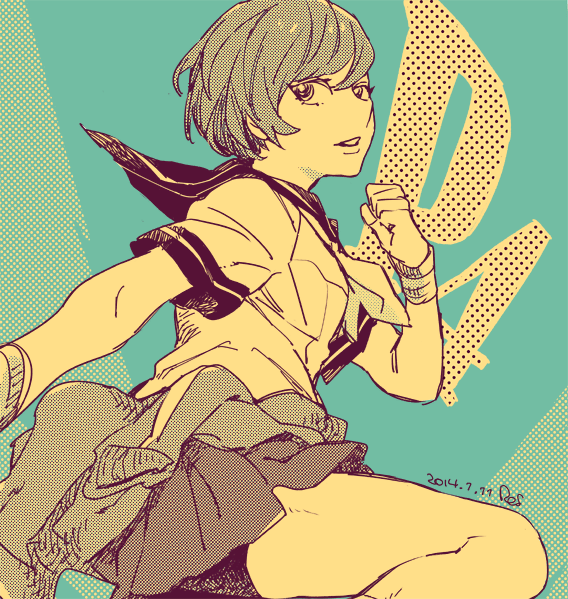 1girl, bangs, clothes_around_waist, copyright_name, jacket, jacket_around_waist, looking_at_viewer, peggy_(pixiv9540913), persona, persona_4, satonaka_chie, school_uniform, serafuku, short_hair, skirt, solo, track_jacket