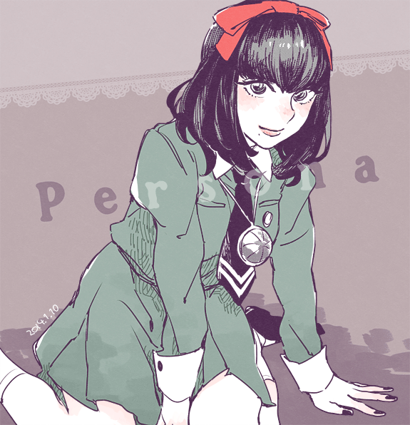 1girl, bangs, blush, bow, copyright_name, dated, hair_bow, looking_at_viewer, mole, mole_under_mouth, nail_polish, necktie, peggy_(pixiv9540913), persona, persona_1, school_uniform, short_hair, skirt, smile, solo, sonomura_maki