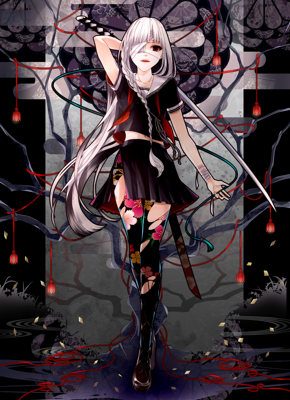 1girl, arm_at_side, arm_up, bandage_over_one_eye, bandaged_arm, bangs, bare_tree, belly_peek
