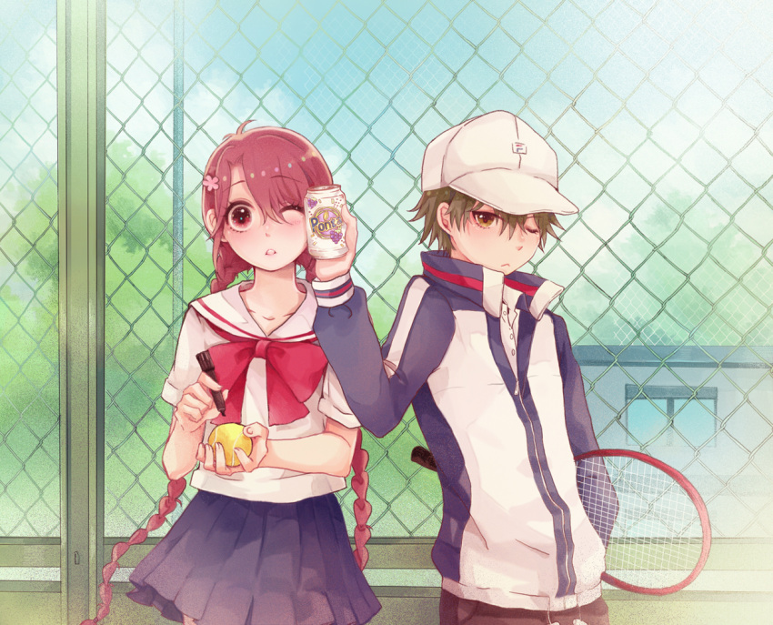 +1_(yakusoku0722), 1boy, 1girl, ;<, ;o, ball, bangs, baseball_cap