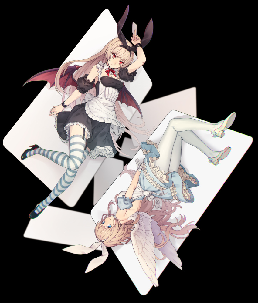 2girls, angel_and_devil, arm_at_side, arm_up, bangs, bare_shoulders, bat_wings, between_fingers