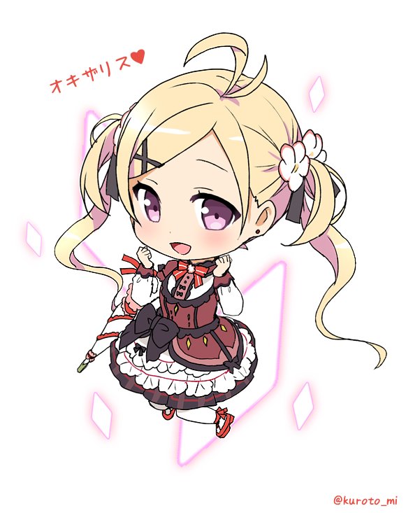 1girl, ahoge, black_bow, blonde_hair, bow, character_name, chibi, diamond_(shape)