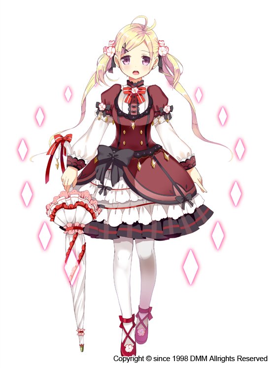 1girl, ahoge, black_bow, blonde_hair, bow, closed_umbrella, diamond_(shape), dress