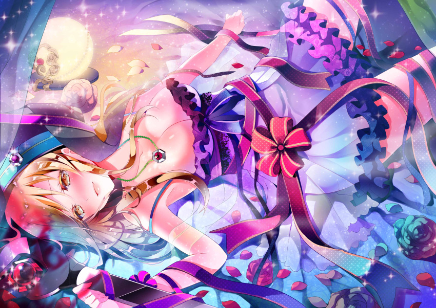 1girl, absurdres, bare_shoulders, blush, breasts, brown_eyes, cleavage, cross, crystal_ball, flower, habit, highres, jewelry, long_hair, looking_at_viewer, necklace, nightgown, official_art, offset_spanner_(ole_tower), ole_tower, open_mouth, petals, ribbon, rose, rose_petals, smile, solo