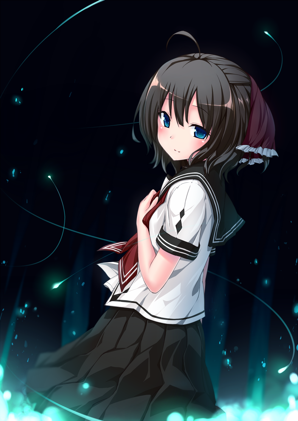 1girl, ahoge, amatsutsumi, blue_eyes, bow, brown_hair, fireflies, forest