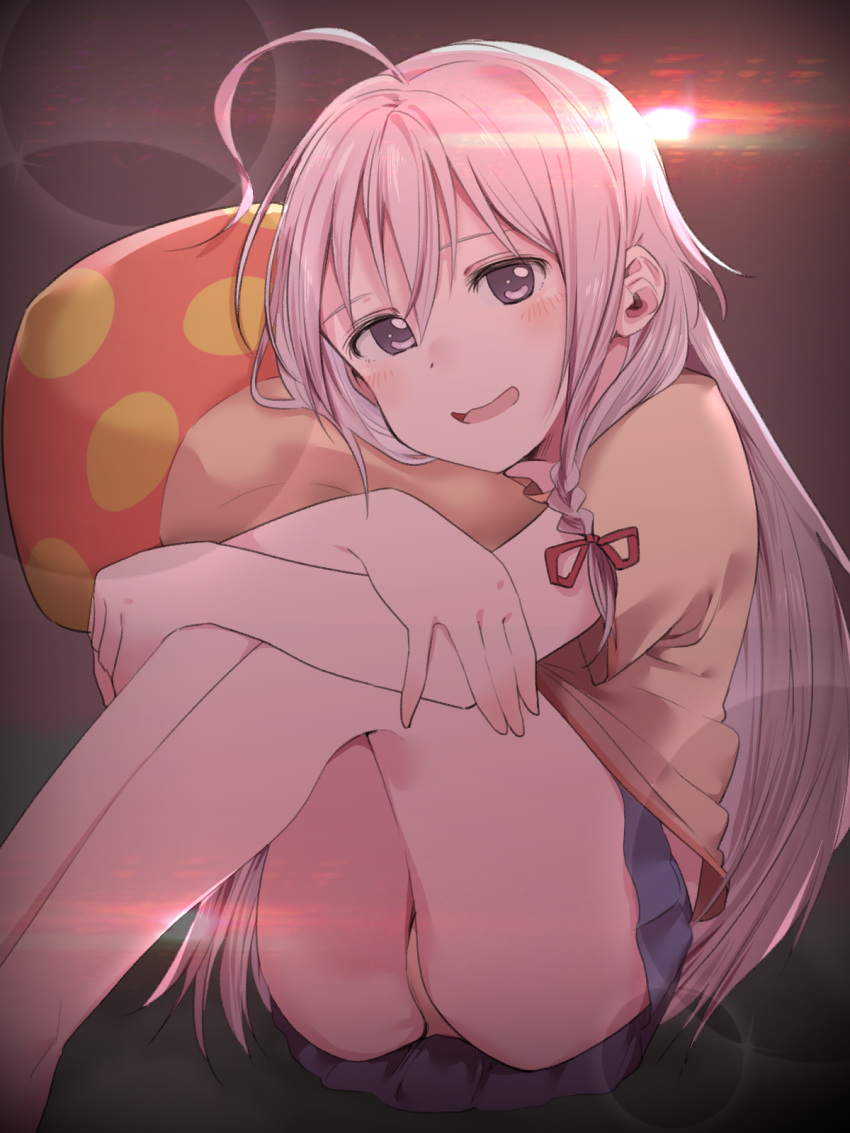 1girl, ahoge, braid, highres, hoshi_shouko, idolmaster, idolmaster_cinderella_girls, long_hair, mushroom, nagasawa_kotarou, open_mouth, panties, pantyshot, silver_hair, smile, solo, underwear