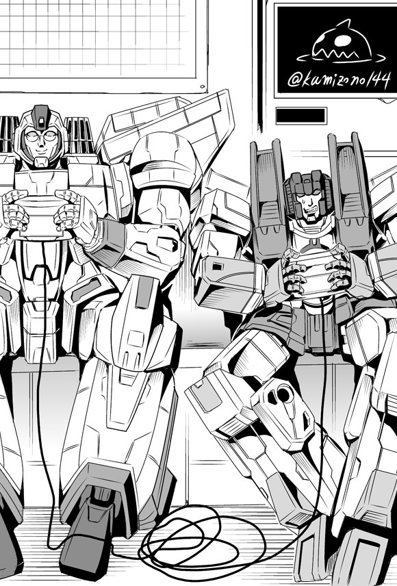 2boys, 80s, arm_cannon, autobot, cannon, decepticon, game_console, grin, grinding, grinding_teeth, gun, handheld_game_console, insignia, jetfire, kamizono_(spookyhouse), machine, machinery, mecha, monochrome, multiple_boys, nintendo_ds, oldschool, open_mouth, playing_games, robot, science_fiction, sitting, smile, starscream, transformers, twitter_username, video_game, weapon