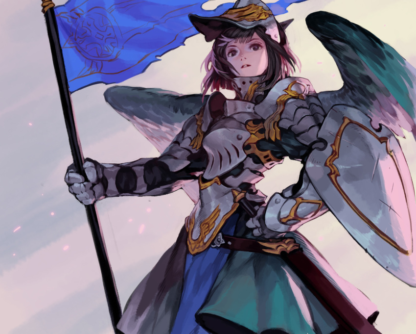 1girl, armor, belt, black_hair, gauntlets, gorget, hand_on_hilt, helmet