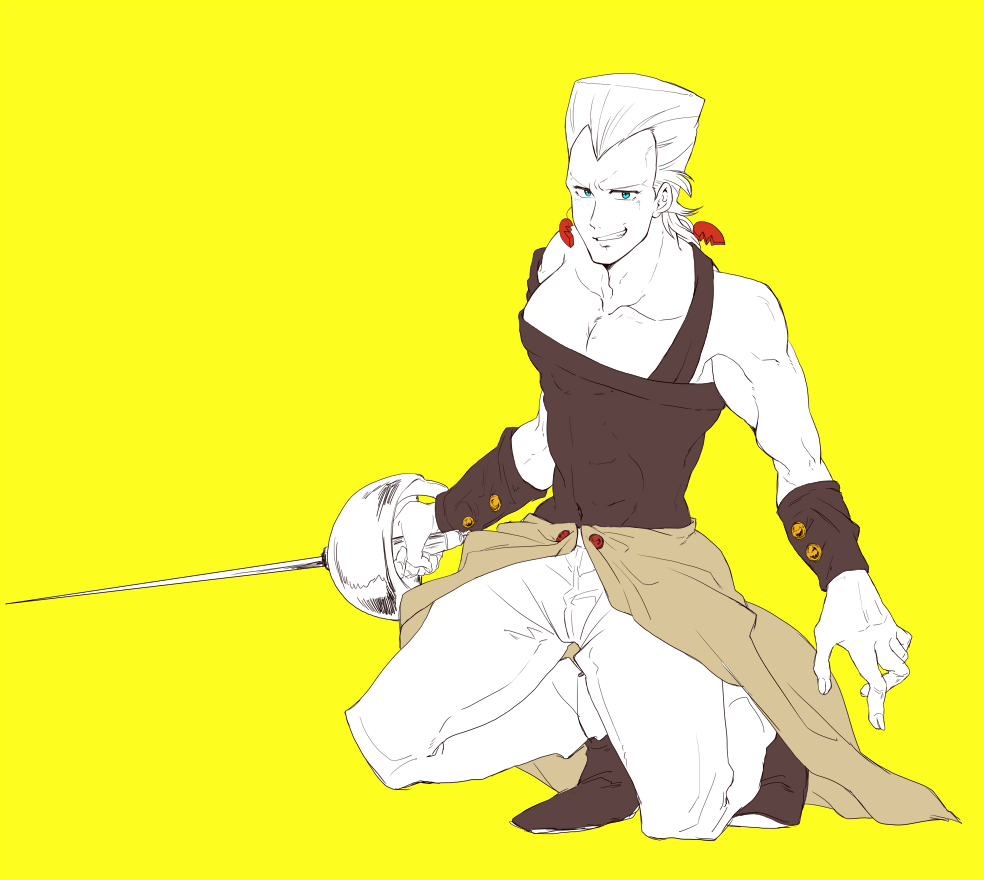 1boy, aqua_eyes, earrings, full_body, grin, holding, holding_sword, holding_weapon, jean_pierre_polnareff, jewelry, jojo_no_kimyou_na_bouken, kneeling, koma_saburou, limited_palette, male_focus, one_knee, rapier, smile, solo, sword, weapon, widow's_peak, yellow_background