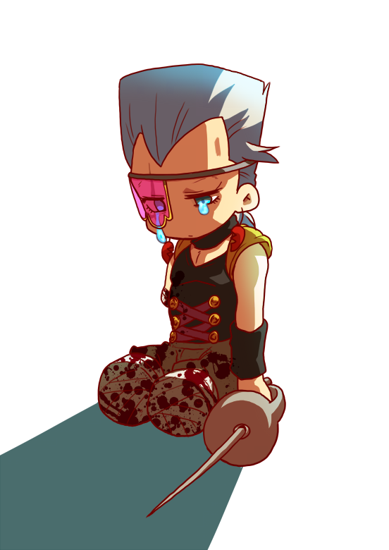 1boy, amputee, aqua_eyes, bandaged_leg, blood, blood_stain, crying, full_body