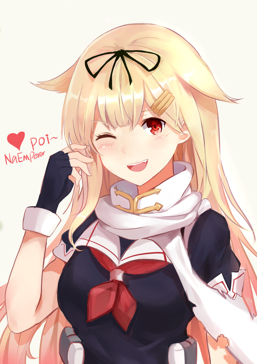 1girl, ;d, absurdres, annnna, black_gloves, blonde_hair, blush, breasts