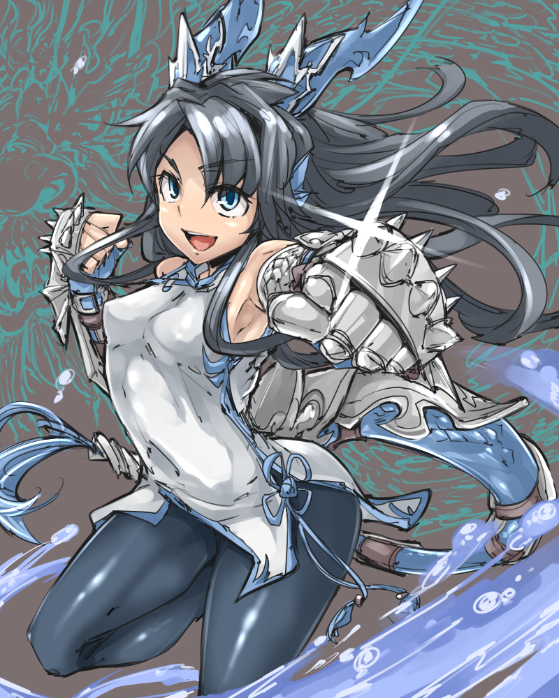 1girl, armor, bare_shoulders, black_hair, blue_eyes, blue_legwear, breasts, china_dress, chinese_clothes, covered_navel, dragon_girl, dragon_horns, dragon_tail, dress, gauntlets, gloves, hair_ornament, head_fins, horns, karin_(p&amp;d), long_hair, open_mouth, p_(tidoriashi), pantyhose, puzzle_&amp;_dragons, smile, solo, sparkle, spikes, tail, water