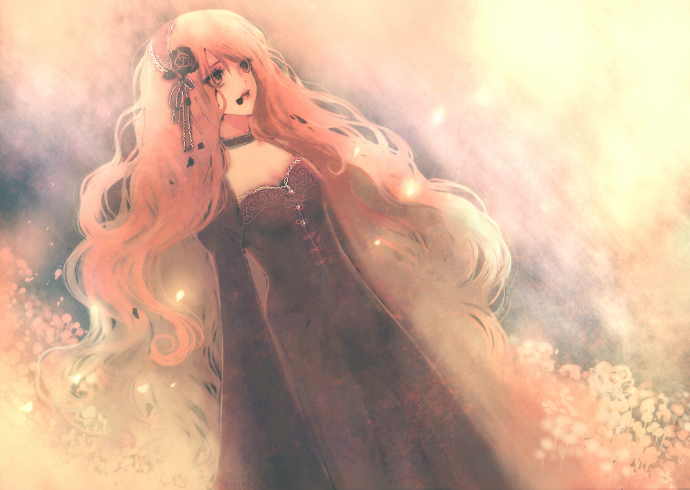 blonde_hair, brown_eyes, choker, dress, flower, long_hair, maid_cap, maid_headdress