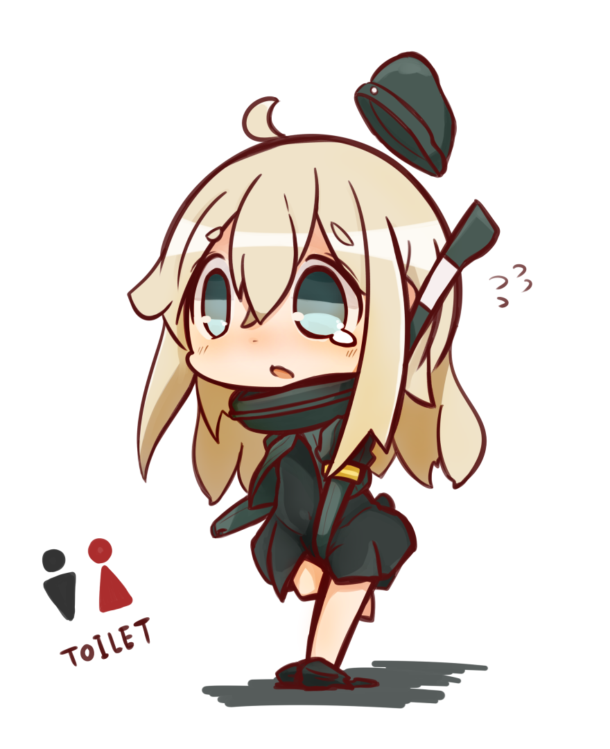 1girl, ahoge, blue_eyes, chibi, commentary_request, covering, covering_crotch, flying_sweatdrops