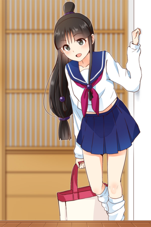 1girl, ayasato_mayoi, black_hair, blue_skirt, green_eyes, gyakuten_saiban, hair_bobbles, hair_ornament