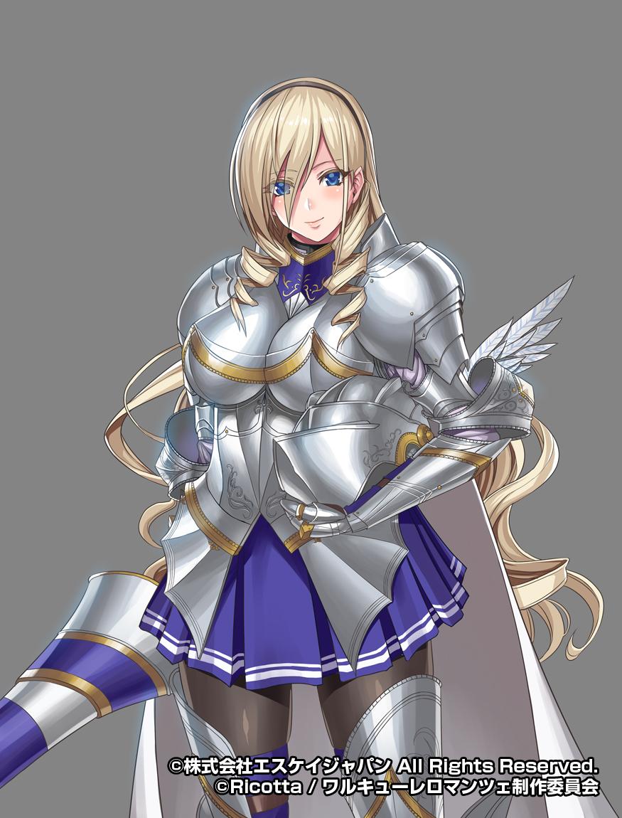 1girl, armor, black_legwear, blonde_hair, blue_eyes, blue_skirt, blush, breasts