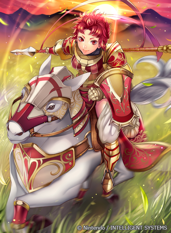 1girl, armor, fire_emblem, fire_emblem:_kakusei, fire_emblem_cipher, grass, greaves, horse