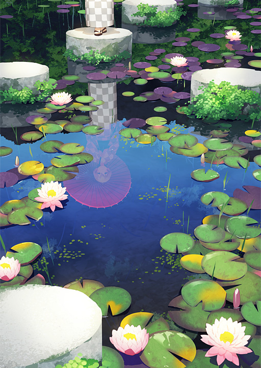 1girl, checkered, flower, japanese_clothes, kimono, lily_pad, oriental_umbrella, original