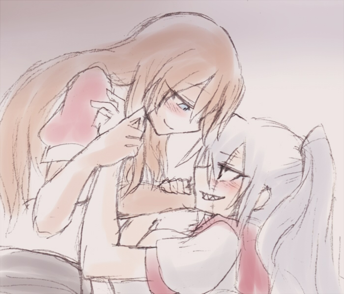 2girls, akuma_no_riddle, banba_shin'ya, blush, grey_hair, hanabusa_sumireko, kagosumi, long_hair