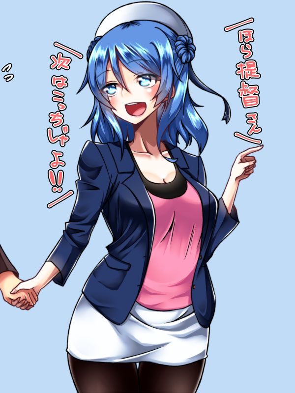 1girl, alternate_costume, black_legwear, blue_background, blue_eyes, blue_hair, breasts, casual
