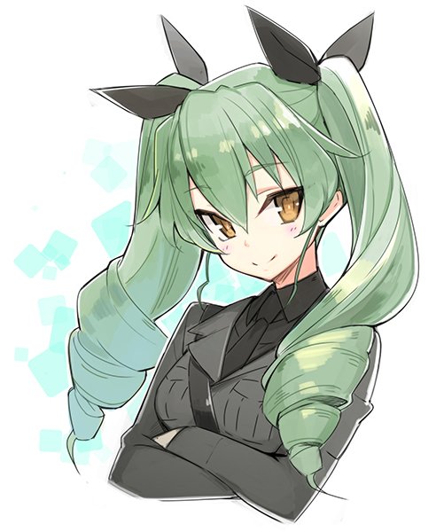 1girl, anchovy, brown_eyes, crossed_arms, drill_hair, girls_und_panzer, green_hair, hair_ribbon