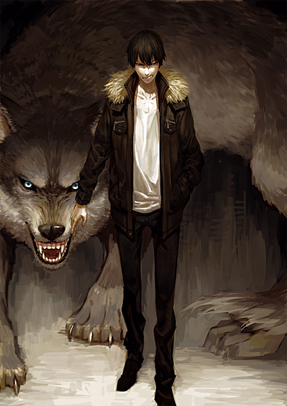 1boy, animal, arakita_yasutomo, arms_at_sides, bangs, black_eyes, black_hair, black_jacket, black_pants, black_shoes, blue_eyes, clenched_teeth, fur-lined_jacket, fur_trim, hair_between_eyes, hand_in_pocket, highres, jacket, legs_apart, long_sleeves, looking_at_viewer, lowrain, male_focus, n2b2, naval_jacket, open_clothes, open_jacket, oversized_animal, pants, parka, pocket, shade, shoes, teeth, undershirt, unzipped, wolf, yowamushi_pedal, zipper