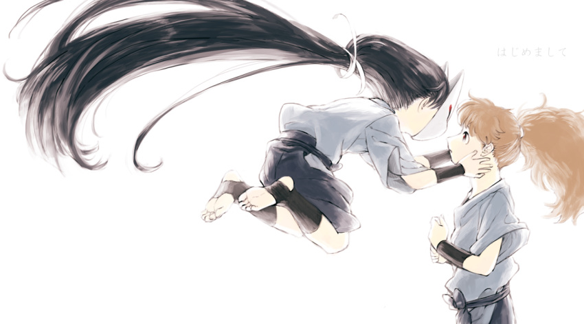 2boys, armor, back, bangs, barefoot, black_hair, black_legwear, brown_eyes