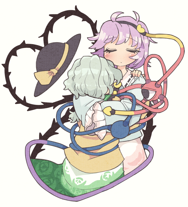 2girls, blush, closed_eyes, eyeball, floral_print, from_behind, green_hair, hairband