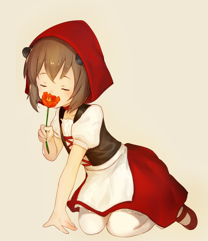 1girl, brown_hair, closed_eyes, cosplay, dress, flower, hood, kantai_collection, km_(artist), kneeling, little_red_riding_hood, little_red_riding_hood_(cosplay), little_red_riding_hood_(grimm), pantyhose, papaver_(flower), shoes, short_hair, smelling, smelling_flower, solo, traditional_clothes, traditional_dress, yukikaze_(kantai_collection)