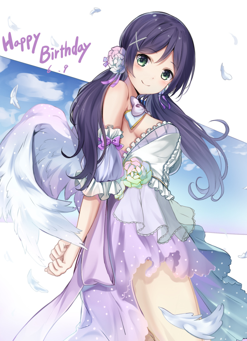 1girl, angel_wings, bow, dated, detached_puffy_sleeves, dress, feathered_wings, feathers