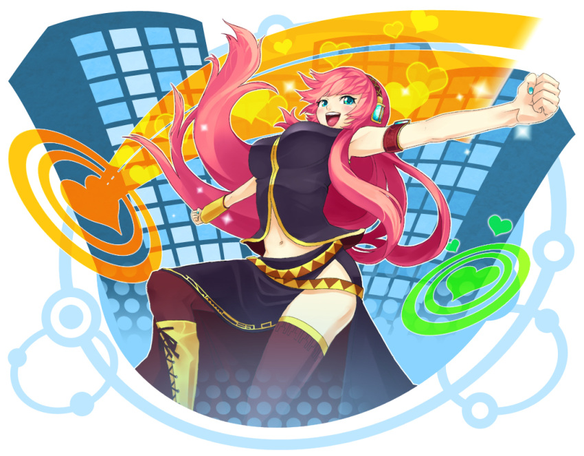 blue_eyes, blush, boots, double_lariat_(vocaloid), headphones, heart, knee_boots, long_hair