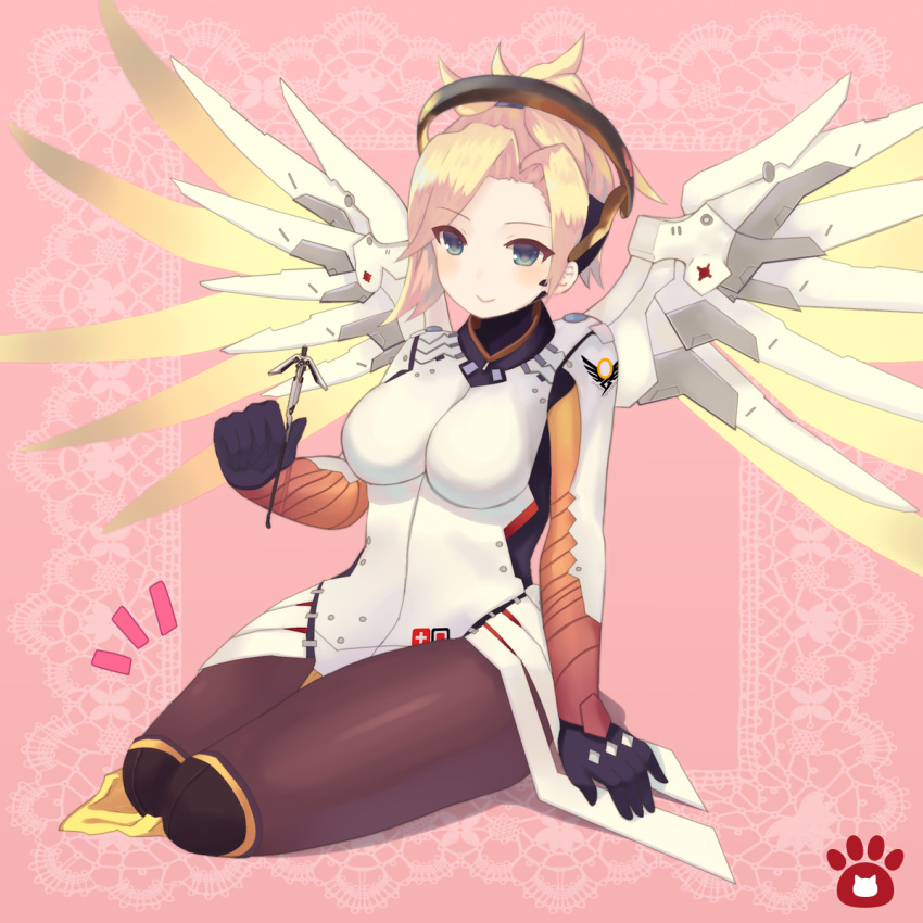 1girl, arm_support, blonde_hair, blue_eyes, blush, breasts, gloves, high_ponytail