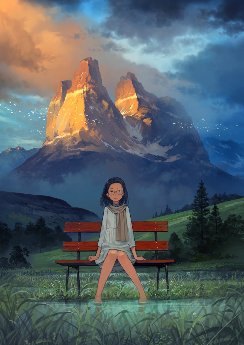 1girl, barefoot, bench, bird, black_hair, blue_eyes, clouds, cloudy_sky