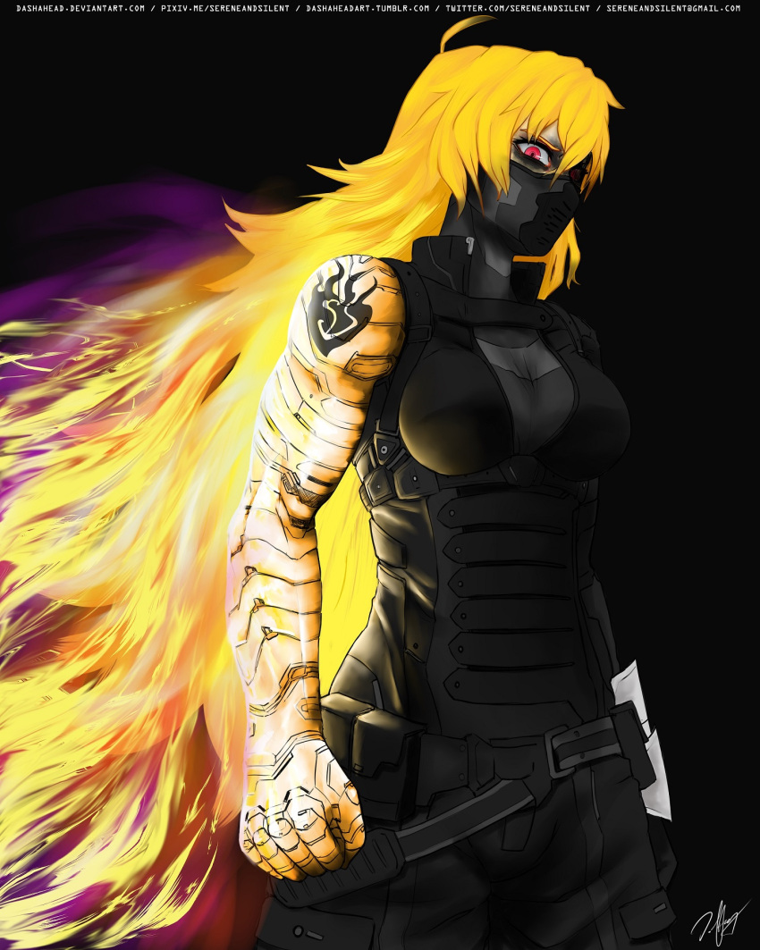 1girl, artist_request, blonde_hair, captain_america_civil_war, commentary, female, highres, marvel, mask, red_eyes, rwby, solo, winter_soldier, winter_soldier_(cosplay), yang_xiao_long