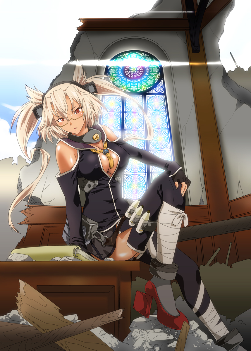 1girl, alternate_costume, bare_shoulders, black_legwear, blonde_hair, breasts, brown_eyes, building, capelet, cleavage, collar, commentary_request, dark_skin, desk, fingerless_gloves, glasses, gloves, hair_between_eyes, headgear, highres, kantai_collection, large_breasts, looking_at_viewer, miniskirt, musashi_(kantai_collection), ohtado, on_desk, open_mouth, pointy_hair, rubble, ruins, scenery, semi-rimless_glasses, short_hair_with_long_locks, sitting, sitting_on_desk, skirt, solo, thigh-highs, twintails, two_side_up, under-rim_glasses