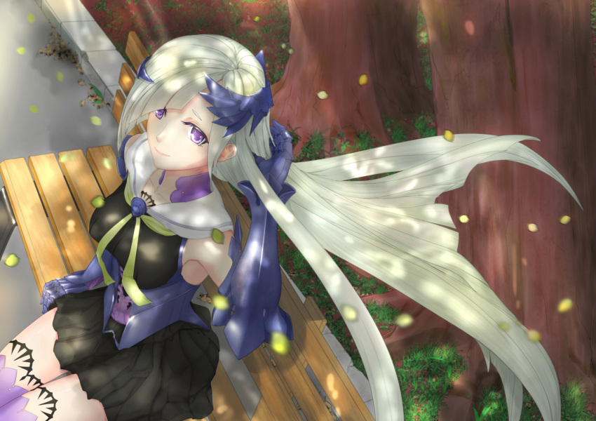 1girl, absurdres, armor, bench, blurry, blush, depth_of_field, fate/grand_order