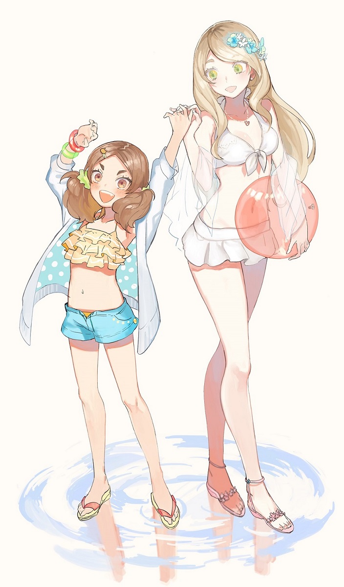 2girls, :d, arms_up, ball, bangs, bare_legs, beachball, bikini