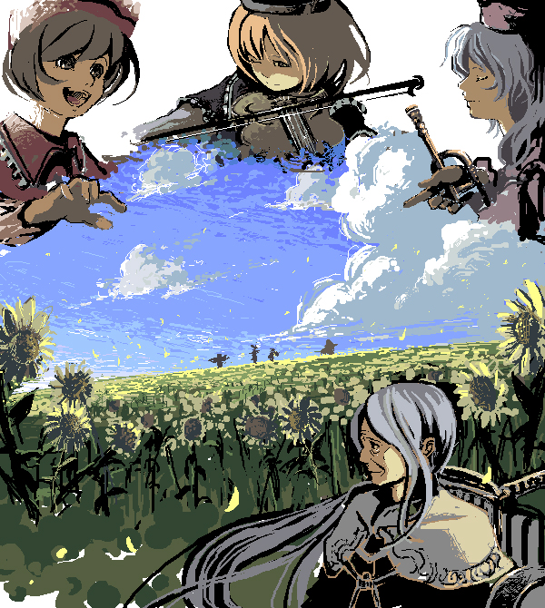 brown_hair, flower, instrument, layla_prismriver, lunasa_prismriver, lyrica_prismriver, merlin_prismriver, oekaki