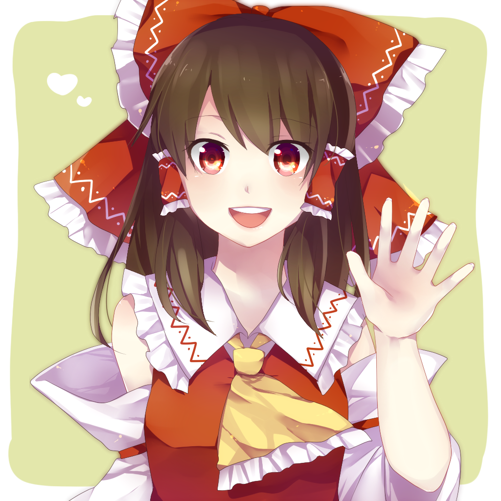 1girl, :d, ascot, bare_shoulders, bow, brown_hair, detached_sleeves, green_background