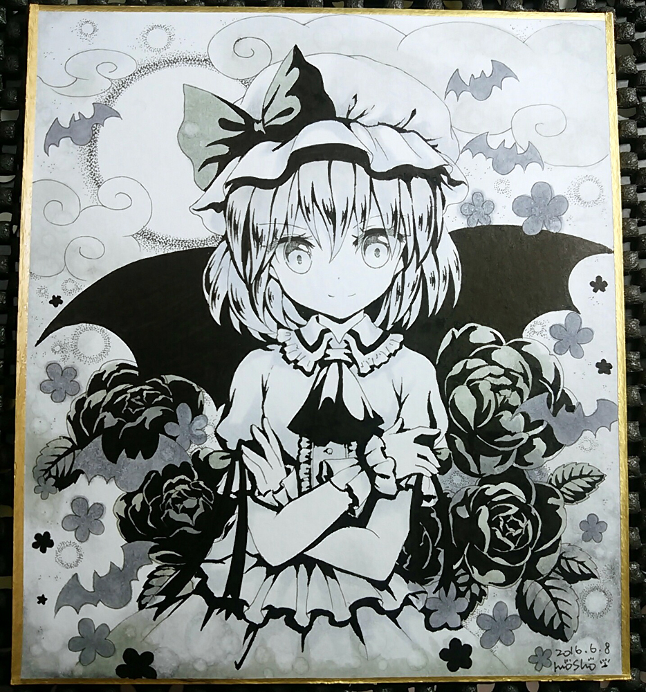 1girl, arm_ribbon, ascot, bat, bat_wings, calligraphy_pen_(medium), clouds, cowboy_shot, crossed_arms, dated, dress, flower, full_moon, hat, hat_ribbon, looking_at_viewer, marker_(medium), mob_cap, monochrome, moon, mosho, night, remilia_scarlet, ribbon, rose, signature, smile, solo, touhou, traditional_media, wings, wrist_cuffs